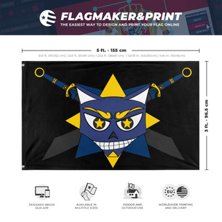 A mockup depicting custom flag specifications and measurements for 'Rox Pirates flag'