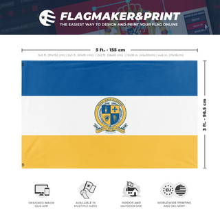 A mockup depicting custom flag specifications and measurements for 'Graduation Hand Flag, Haas Hall'