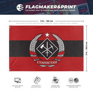 A mockup depicting custom flag specifications and measurements for 'Stanistan Revolutionary flag'