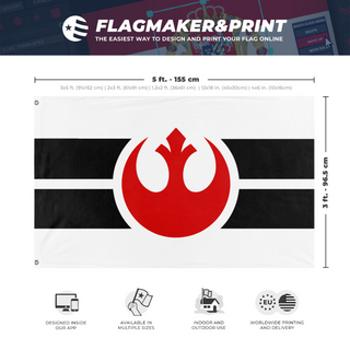 A mockup depicting custom flag specifications and measurements for 'Rebel Alliance flag'