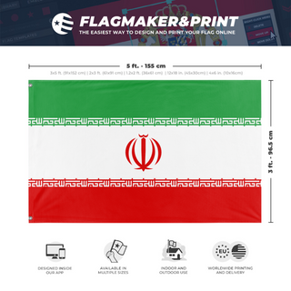 A mockup depicting custom flag specifications and measurements for 'Flag of the Islamic Republic of Iran'