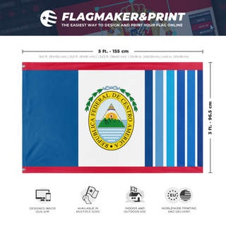 A mockup depicting custom flag specifications and measurements for 'United Central America flag'
