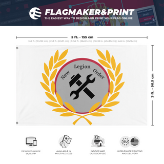 A mockup depicting custom flag specifications and measurements for 'New Legion Order flag'