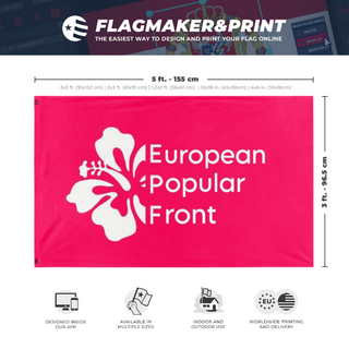 A mockup depicting custom flag specifications and measurements for 'European Popular Front flag'