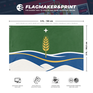 A mockup depicting custom flag specifications and measurements for 'Mazomanie flag'
