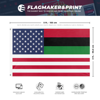 A mockup depicting custom flag specifications and measurements for 'AfAmIn flag'