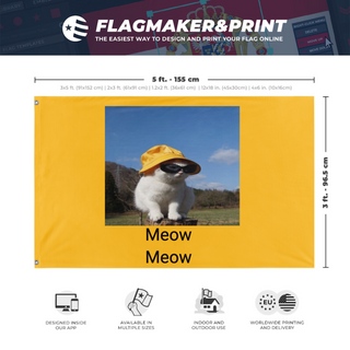 A mockup depicting custom flag specifications and measurements for 'meowmeow flag'