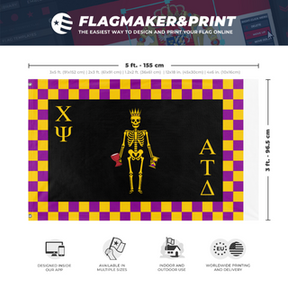 A mockup depicting custom flag specifications and measurements for 'ATD Chi Psi flag'