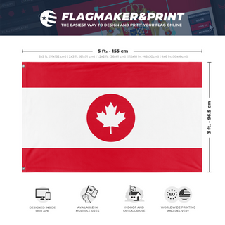 A mockup depicting custom flag specifications and measurements for 'Canadian Flag in the style of Laos'