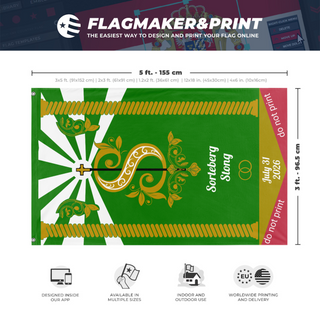 A mockup depicting custom flag specifications and measurements for 'Sorteberg + Stong flag'