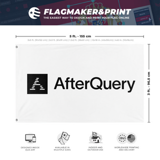 A mockup depicting custom flag specifications and measurements for '[Preview] Afterquery flag'
