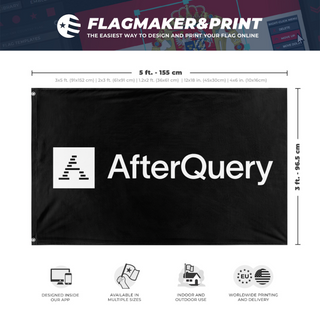 A mockup depicting custom flag specifications and measurements for '[Preview] Afterquery flag'