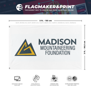 A mockup depicting custom flag specifications and measurements for 'MMF flag'