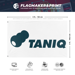 A mockup depicting custom flag specifications and measurements for 'taniq flag'