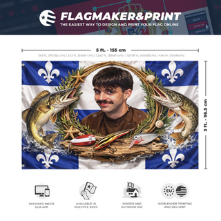 A mockup depicting custom flag specifications and measurements for 'chibougamau flag'
