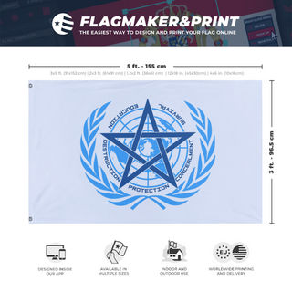 A mockup depicting custom flag specifications and measurements for 'United Nations Global Occult Coalition flag'