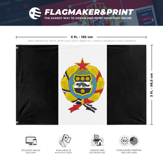 A mockup depicting custom flag specifications and measurements for 'Socialist Personal Arms flag'