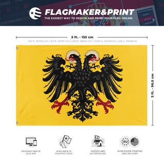 A mockup depicting custom flag specifications and measurements for 'Holy Roman Empire flag'