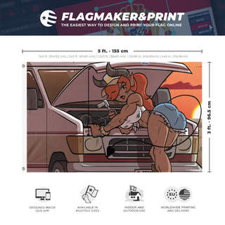 A mockup depicting custom flag specifications and measurements for 'zelleth van flag'