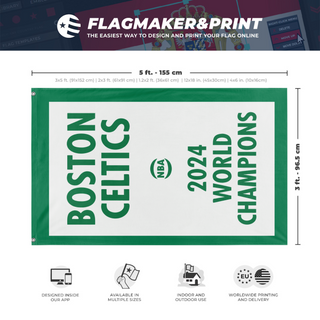 A mockup depicting custom flag specifications and measurements for 'Boston Celtics 2024 World Championships flag'