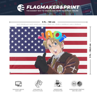 A mockup depicting custom flag specifications and measurements for 'yaoimerica flag'