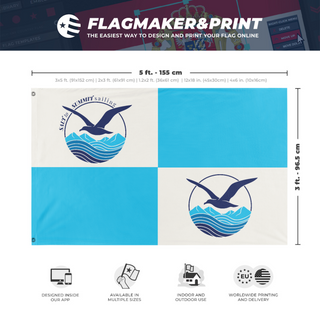 A mockup depicting custom flag specifications and measurements for 'sss flag'