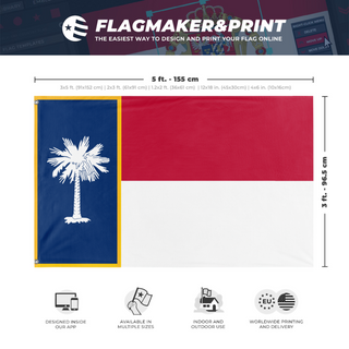 A mockup depicting custom flag specifications and measurements for 'United State of Carolina flag'
