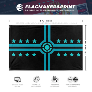 A mockup depicting custom flag specifications and measurements for 'Flag of ICA'