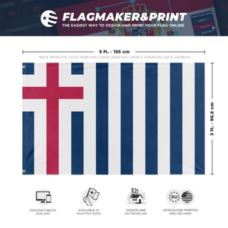 A mockup depicting custom flag specifications and measurements for 'The Cross and Stripes flag'