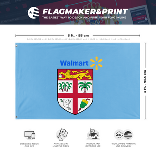 A mockup depicting custom flag specifications and measurements for 'Walmart in Fiji flag'