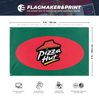A mockup depicting custom flag specifications and measurements for 'Pizza Hut in Bangladesh flag'