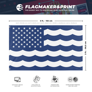 A mockup depicting custom flag specifications and measurements for 'United States and Oceans of America flag'