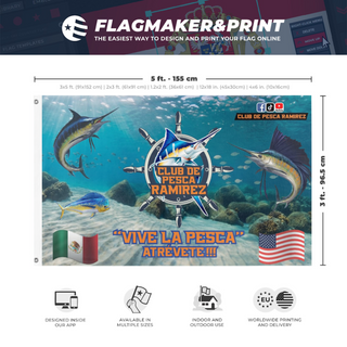 A mockup depicting custom flag specifications and measurements for 'Club de Pesca Ramirez flag'