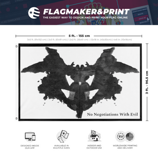 A mockup depicting custom flag specifications and measurements for 'no evil flag'