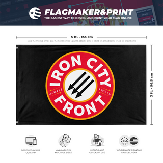 A mockup depicting custom flag specifications and measurements for 'iron city flag'