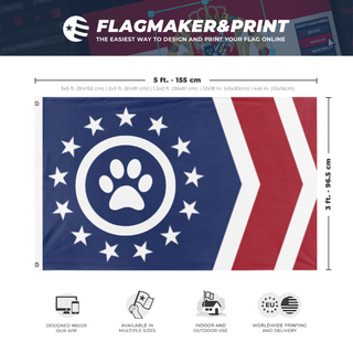 A mockup depicting custom flag specifications and measurements for 'Feline Front flag'