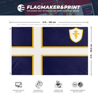 A mockup depicting custom flag specifications and measurements for 'Imperium Sacrum Sveae flag'
