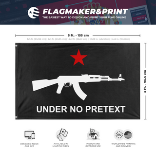 A mockup depicting custom flag specifications and measurements for 'Under No Pretext flag'