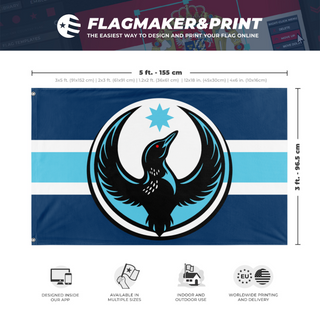 A mockup depicting custom flag specifications and measurements for 'MN Rebellioon flag'
