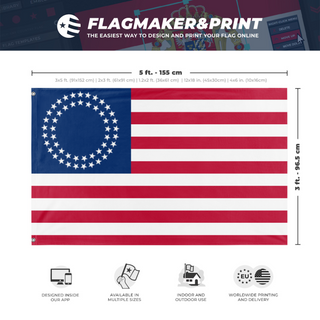 A mockup depicting custom flag specifications and measurements for 'U.S.A Betty Ross Style 50 Star flag'