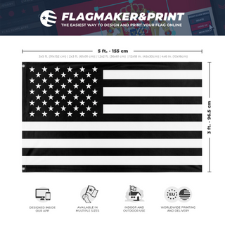A mockup depicting custom flag specifications and measurements for 'Black United States flag'