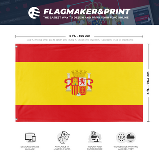 A mockup depicting custom flag specifications and measurements for 'National Spain Flag'