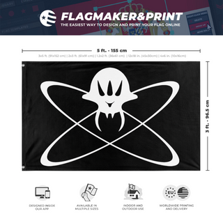 A mockup depicting custom flag specifications and measurements for 'Treasure Planet Pirate flag'