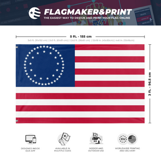 A mockup depicting custom flag specifications and measurements for 'USA 50 Star Betty Ross Style   flag'