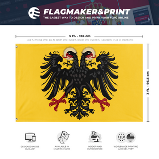A mockup depicting custom flag specifications and measurements for 'Holy Roman Empire flag'