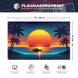 A mockup depicting custom flag specifications and measurements for 'Vaporwave Sunset Boat flag'