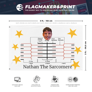 A mockup depicting custom flag specifications and measurements for 'Nathan The Sarcomere flag'