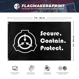 A mockup depicting custom flag specifications and measurements for 'SCP Foundation flag'