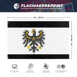 A mockup depicting custom flag specifications and measurements for 'Prussia Flag Redesign'