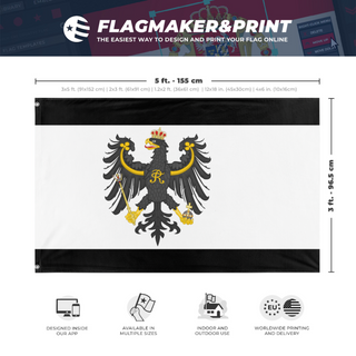 A mockup depicting custom flag specifications and measurements for 'Prussia  flag'